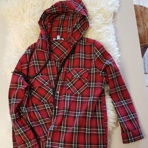 Red plaid button up with hood